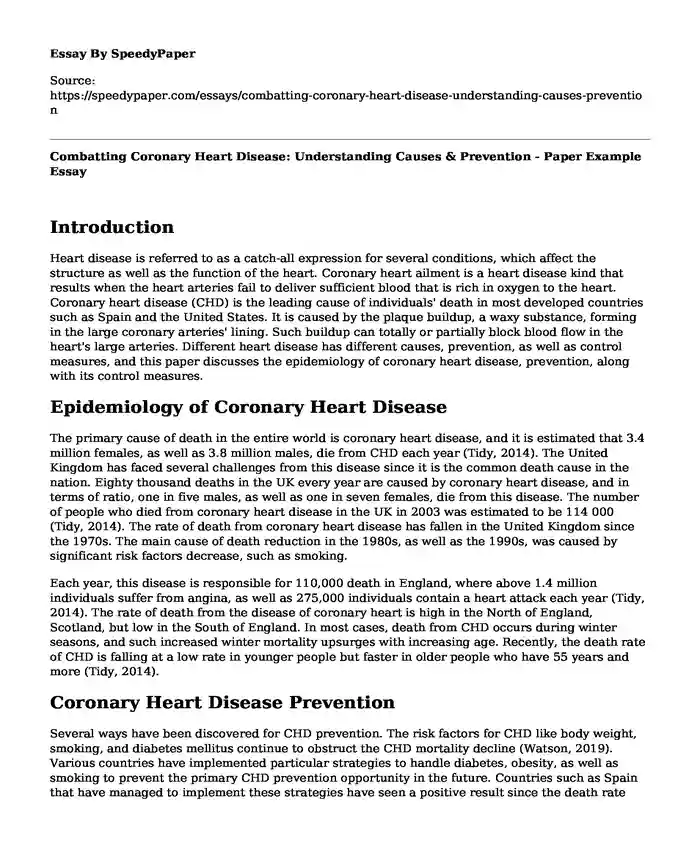 Combatting Coronary Heart Disease: Understanding Causes & Prevention - Paper Example