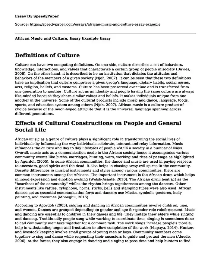African Music and Culture, Essay Example