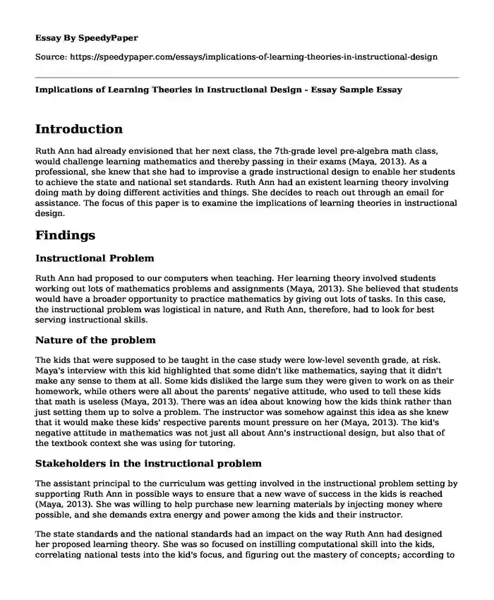 Implications of Learning Theories in Instructional Design - Essay Sample