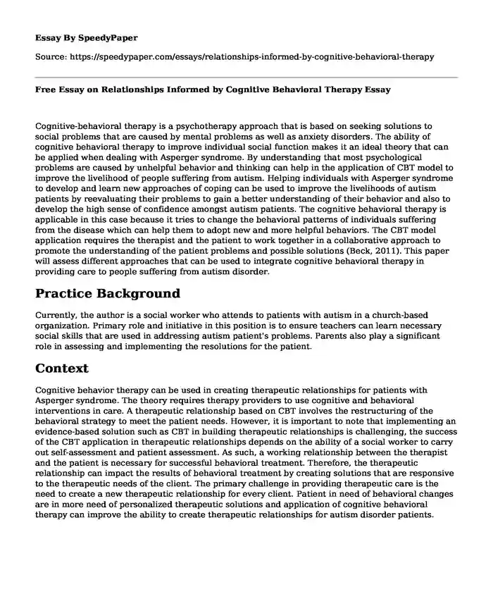Free Essay on Relationships Informed by Cognitive Behavioral Therapy