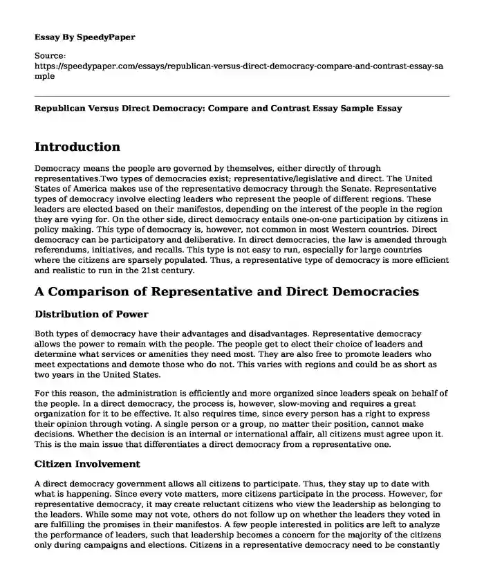 Republican Versus Direct Democracy: Compare and Contrast Essay Sample