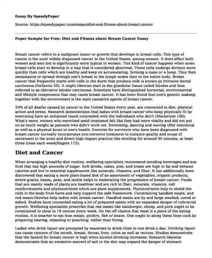 Paper Sample for Free: Diet and Fitness about Breast Cancer