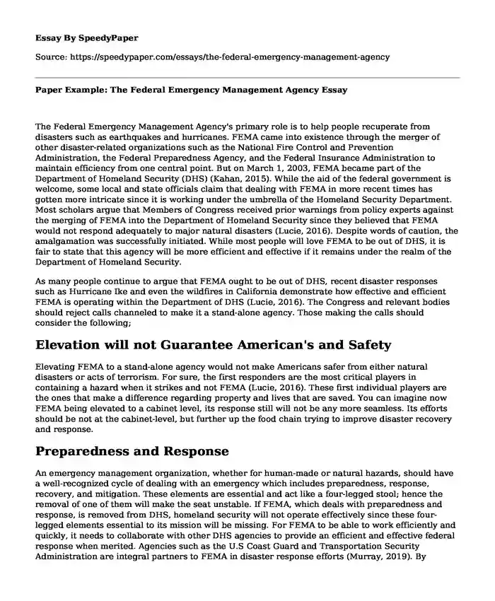 Paper Example: The Federal Emergency Management Agency