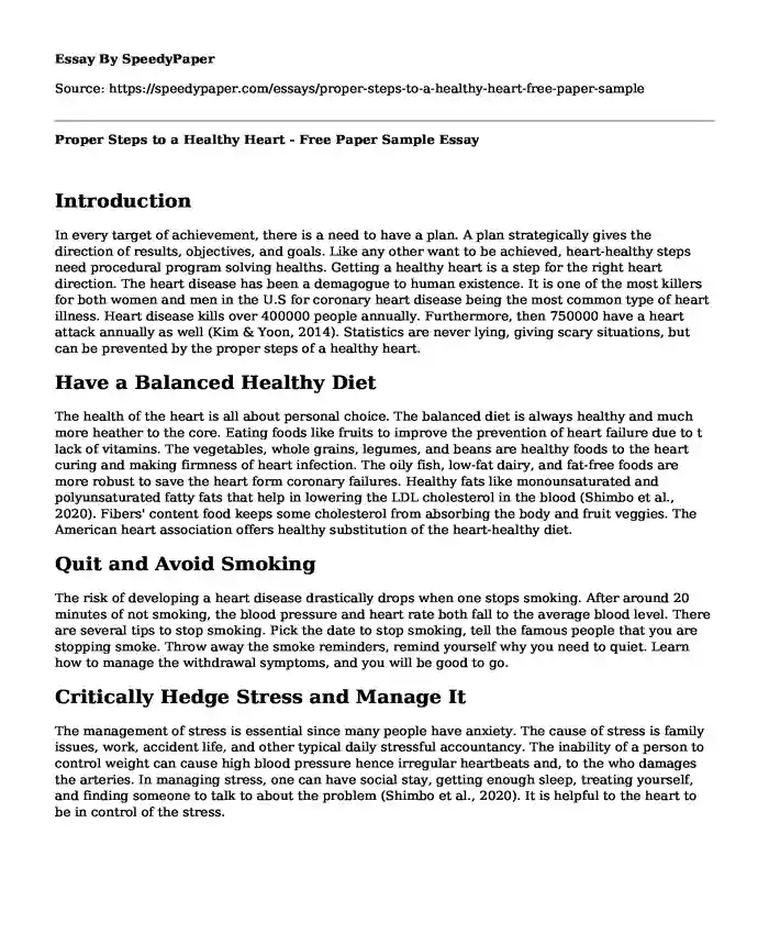 Proper Steps to a Healthy Heart - Free Paper Sample