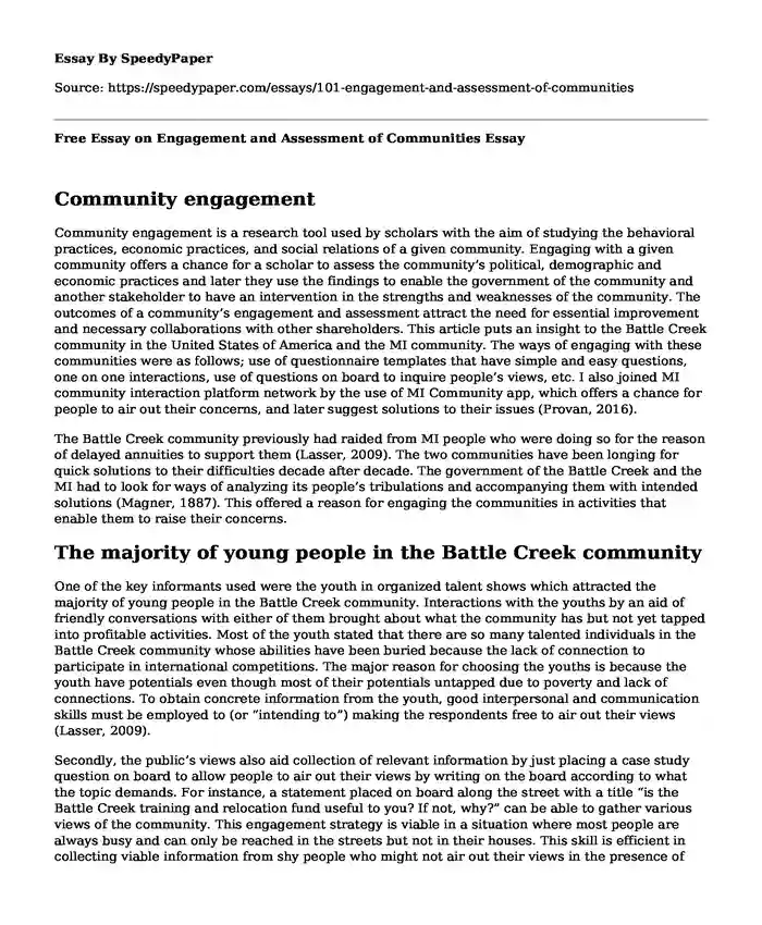 Free Essay on Engagement and Assessment of Communities