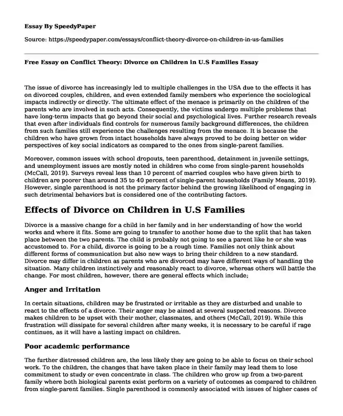 Free Essay on Conflict Theory: Divorce on Children in U.S Families