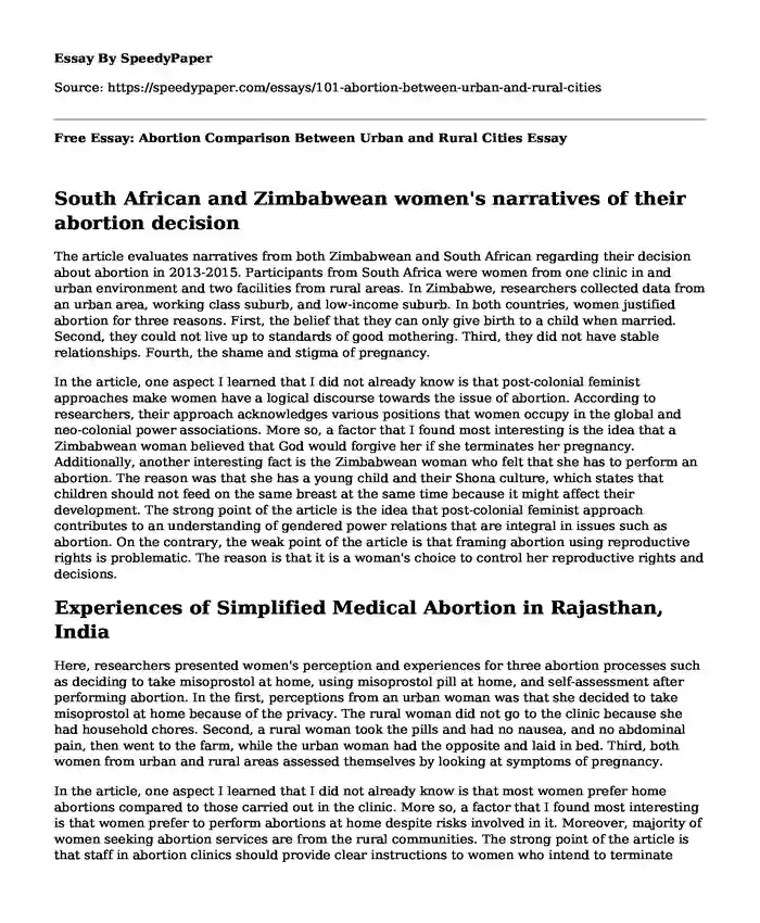 Free Essay: Abortion Comparison Between Urban and Rural Cities