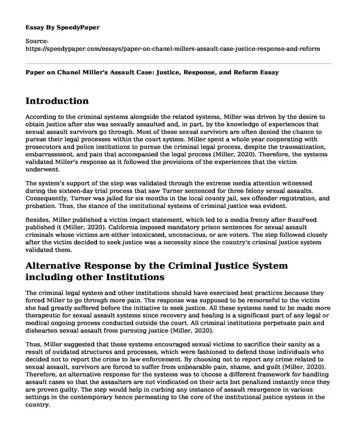 Paper on Chanel Miller's Assault Case: Justice, Response, and Reform