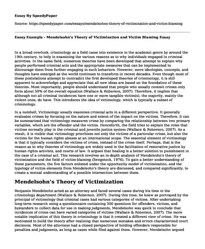 Essay Example - Mendelsohn's Theory of Victimization and Victim Blaming