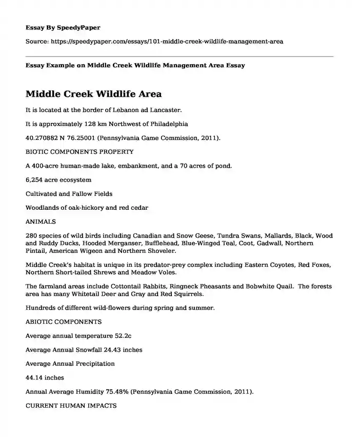 Essay Example on Middle Creek Wildlife Management Area 