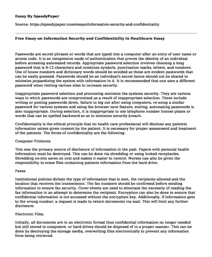 Free Essay on Information Security and Confidentiality in Healthcare