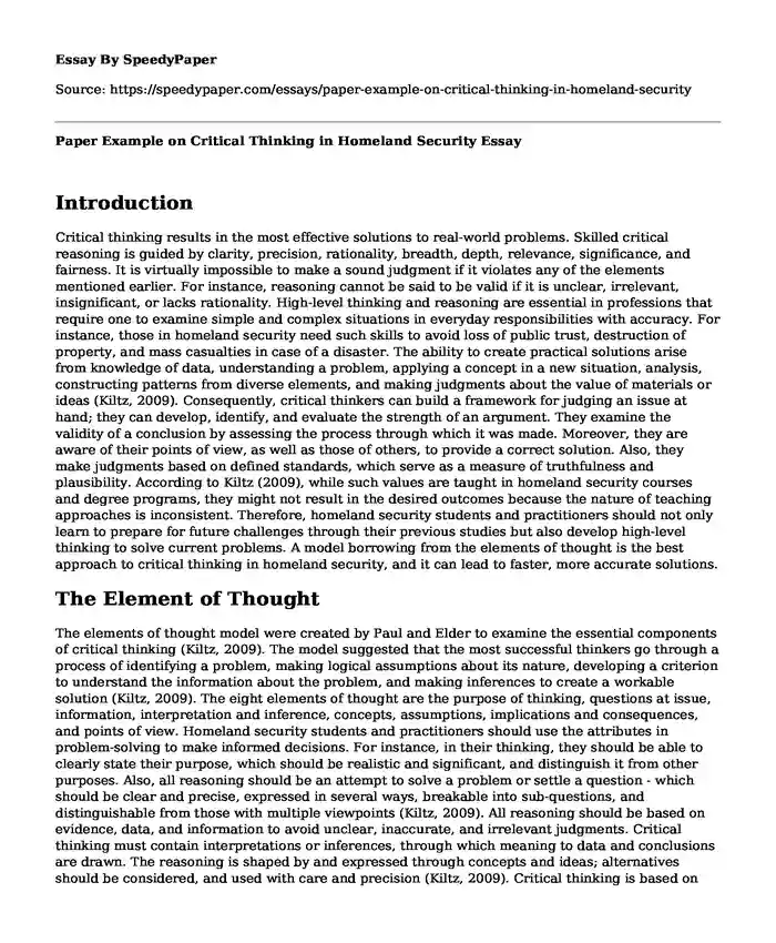 Paper Example on Critical Thinking in Homeland Security