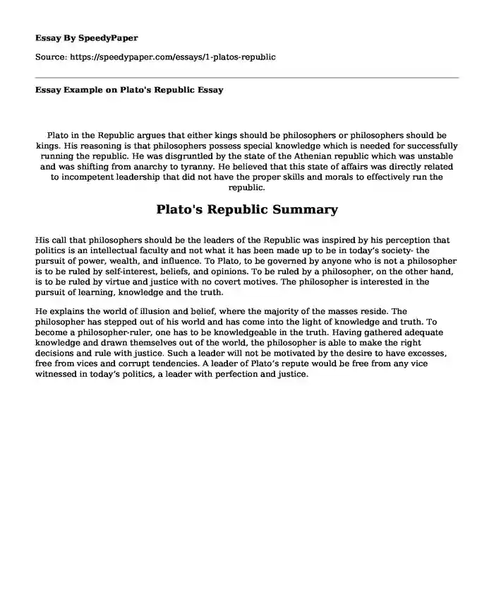 Essay Example on Plato's Republic