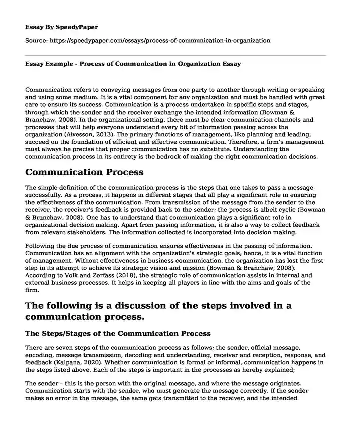 Essay Example - Process of Communication in Organization