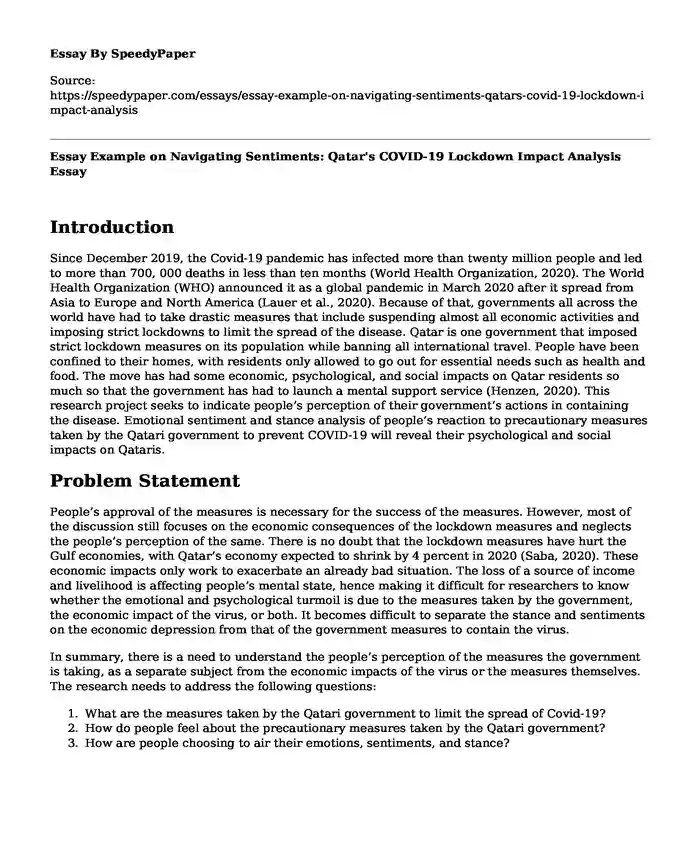 Essay Example on Navigating Sentiments: Qatar's COVID-19 Lockdown Impact Analysis