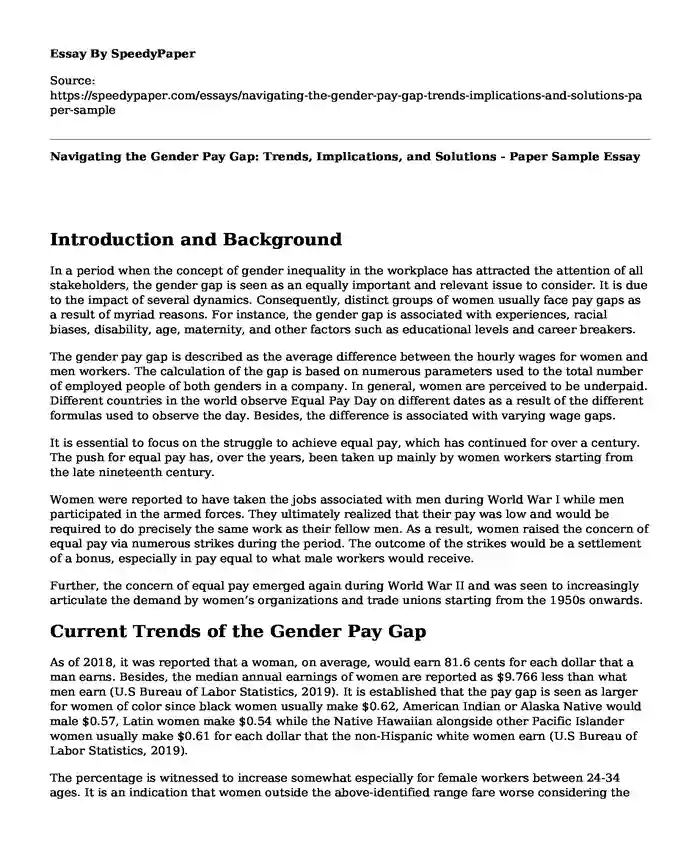 Navigating the Gender Pay Gap: Trends, Implications, and Solutions - Paper Sample