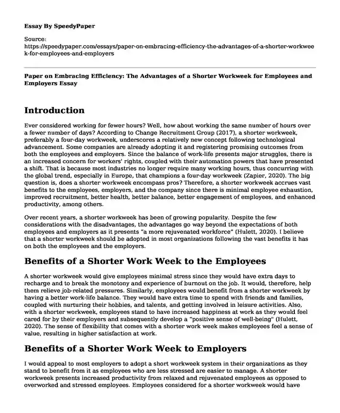Paper on Embracing Efficiency: The Advantages of a Shorter Workweek for Employees and Employers