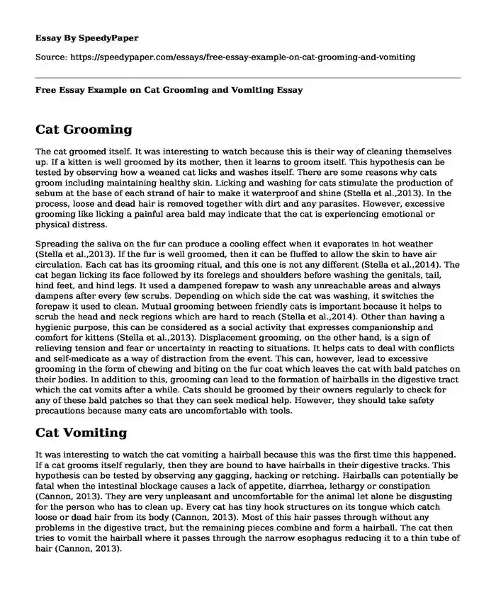 Free Essay Example on Cat Grooming and Vomiting