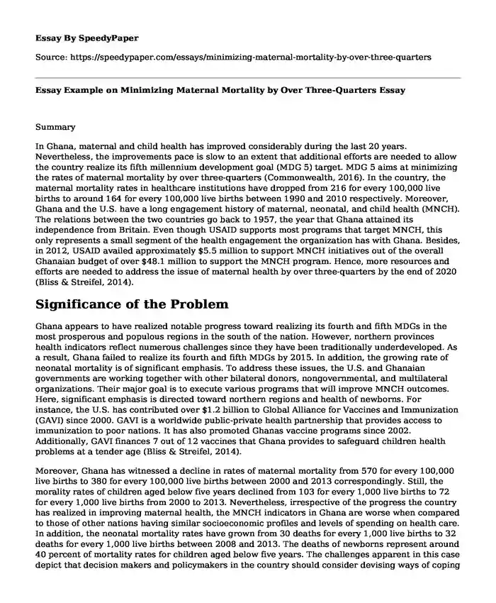 Essay Example on Minimizing Maternal Mortality by Over Three-Quarters