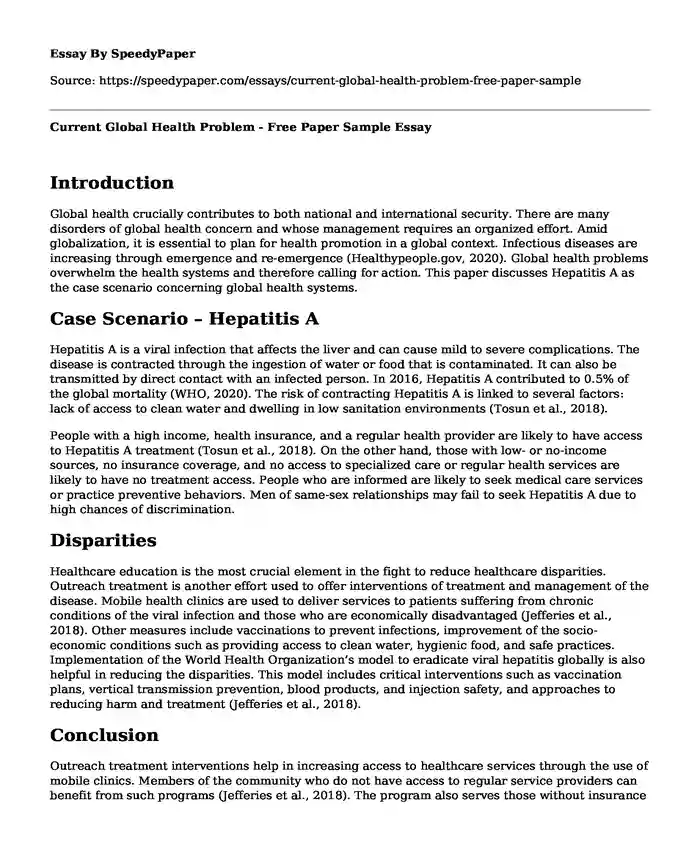 Current Global Health Problem - Free Paper Sample