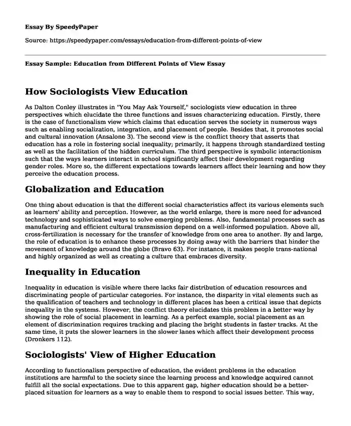 Essay Sample: Education from Different Points of View