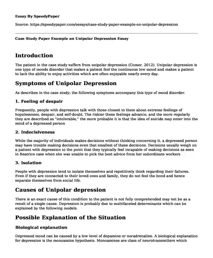 Case Study Paper Example on Unipolar Depression