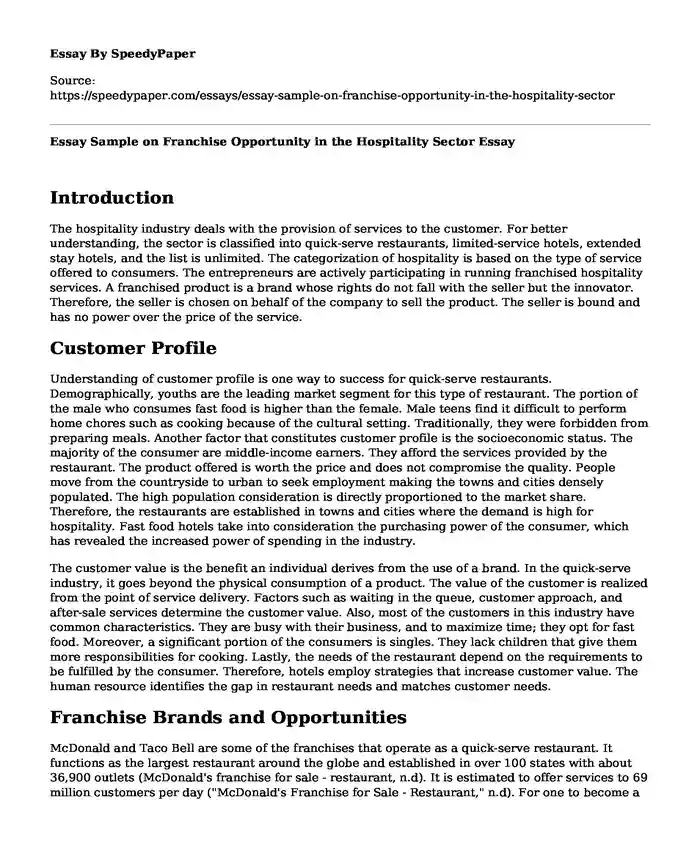 Essay Sample on Franchise Opportunity in the Hospitality Sector