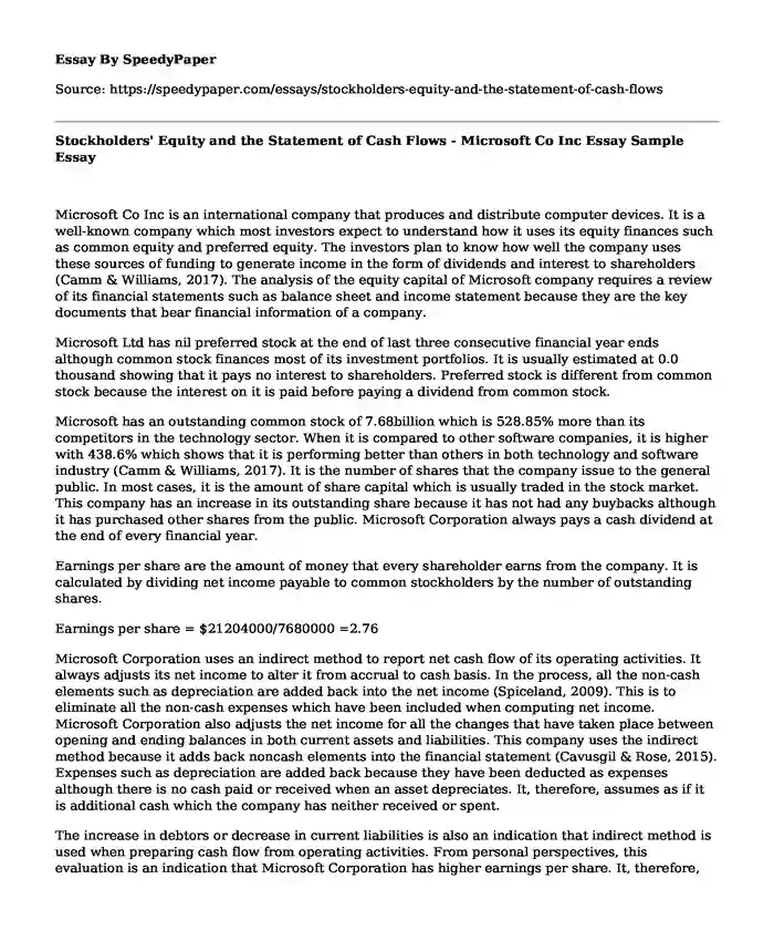 Stockholders' Equity and the Statement of Cash Flows - Microsoft Co Inc Essay Sample