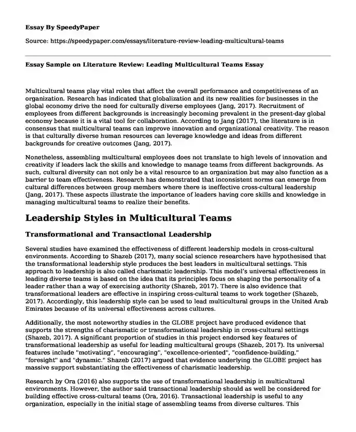 Essay Sample on Literature Review: Leading Multicultural Teams