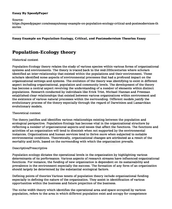 Essay Example on Population-Ecology, Critical, and Postmodernism Theories