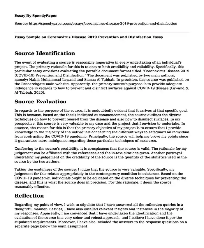 Essay Sample on Coronavirus Disease 2019 Prevention and Disinfection