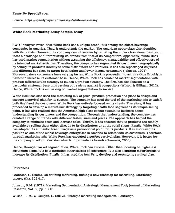 White Rock Marketing Essay Sample