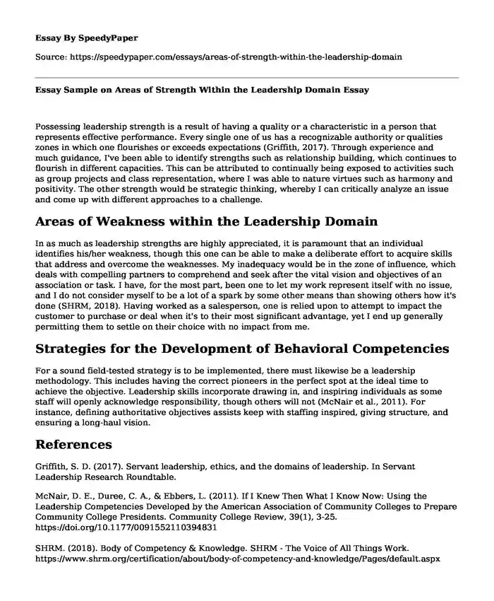 Essay Sample on Areas of Strength Within the Leadership Domain