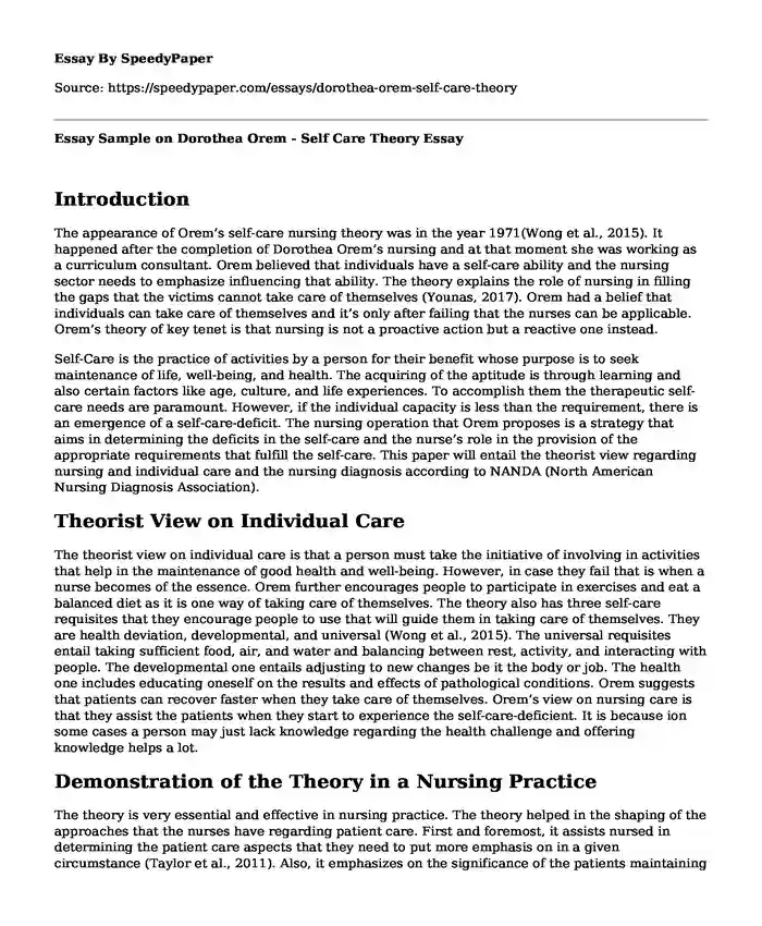 Essay Sample on Dorothea Orem - Self Care Theory