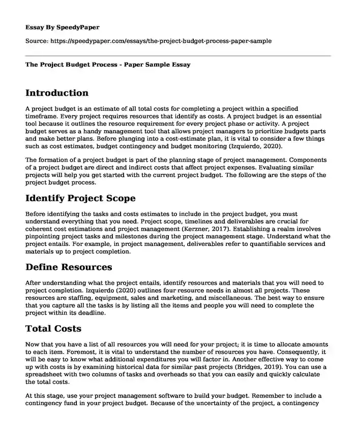 The Project Budget Process - Paper Sample