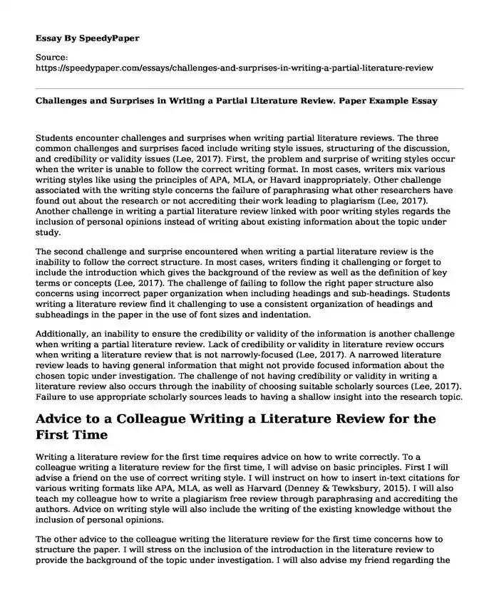 Challenges and Surprises in Writing a Partial Literature Review. Paper Example