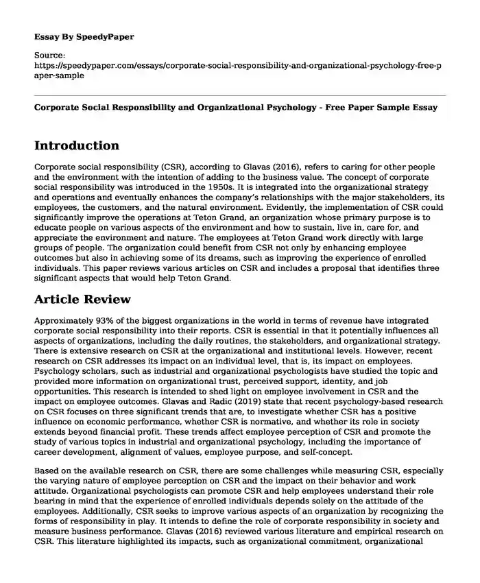 Corporate Social Responsibility and Organizational Psychology - Free Paper Sample