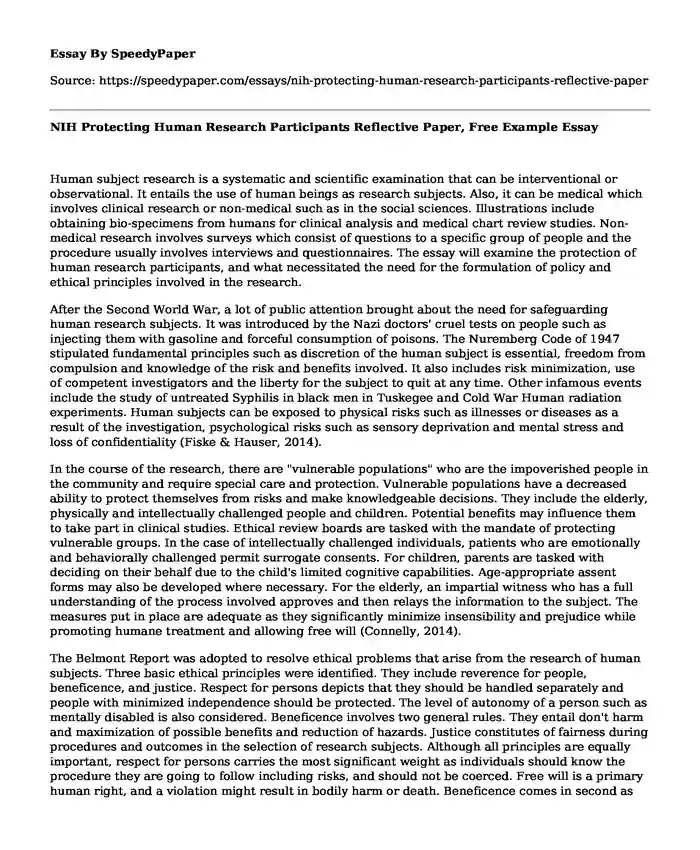 NIH Protecting Human Research Participants Reflective Paper, Free Example