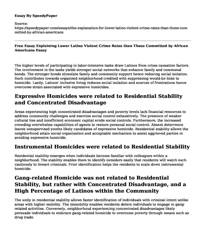Free Essay Explaining Lower Latino Violent Crime Rates than Those Committed by African Americans