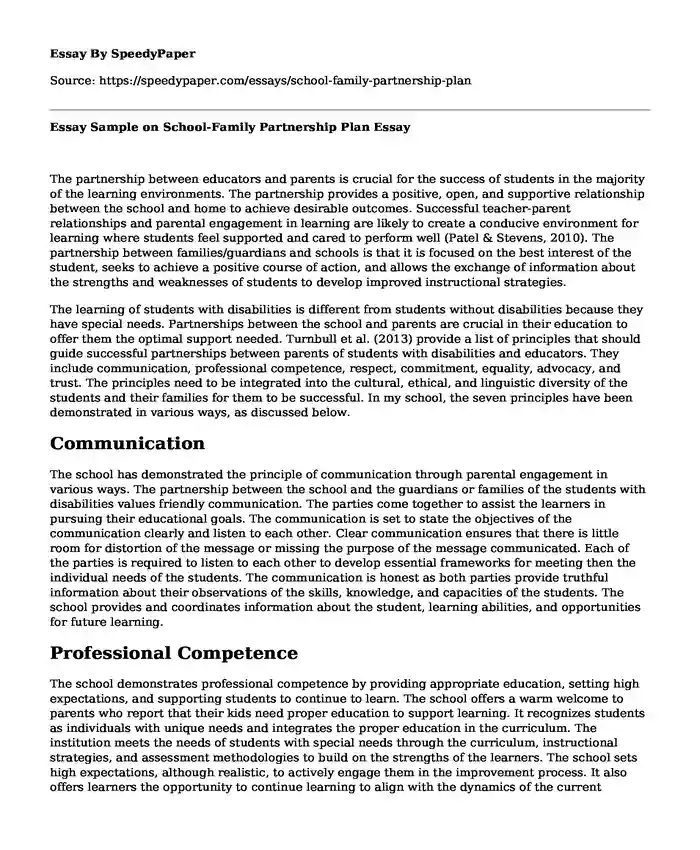 Essay Sample on School-Family Partnership Plan