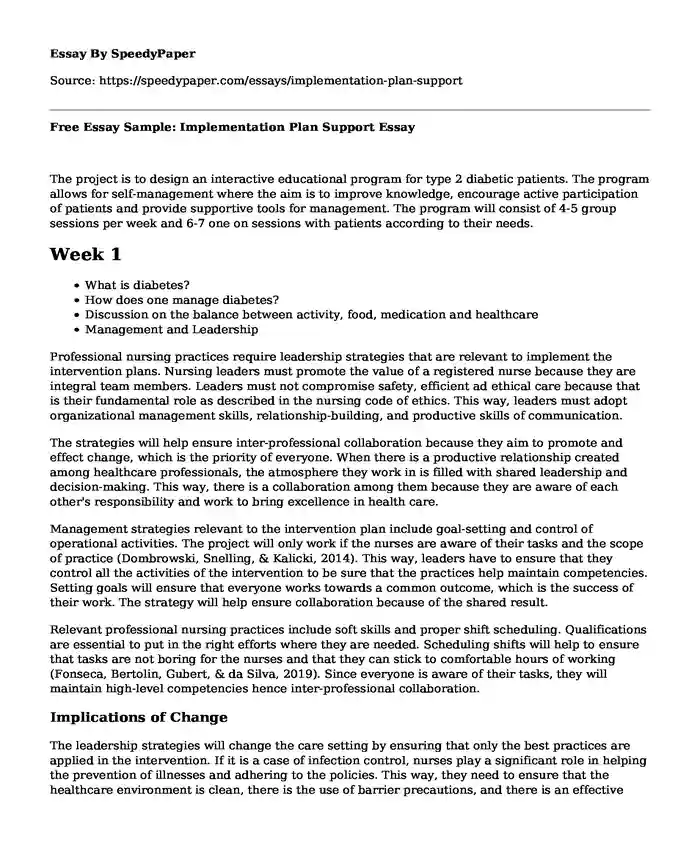 Free Essay Sample: Implementation Plan Support