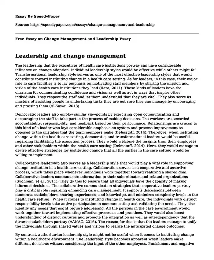 Free Essay on Change Management and Leadership