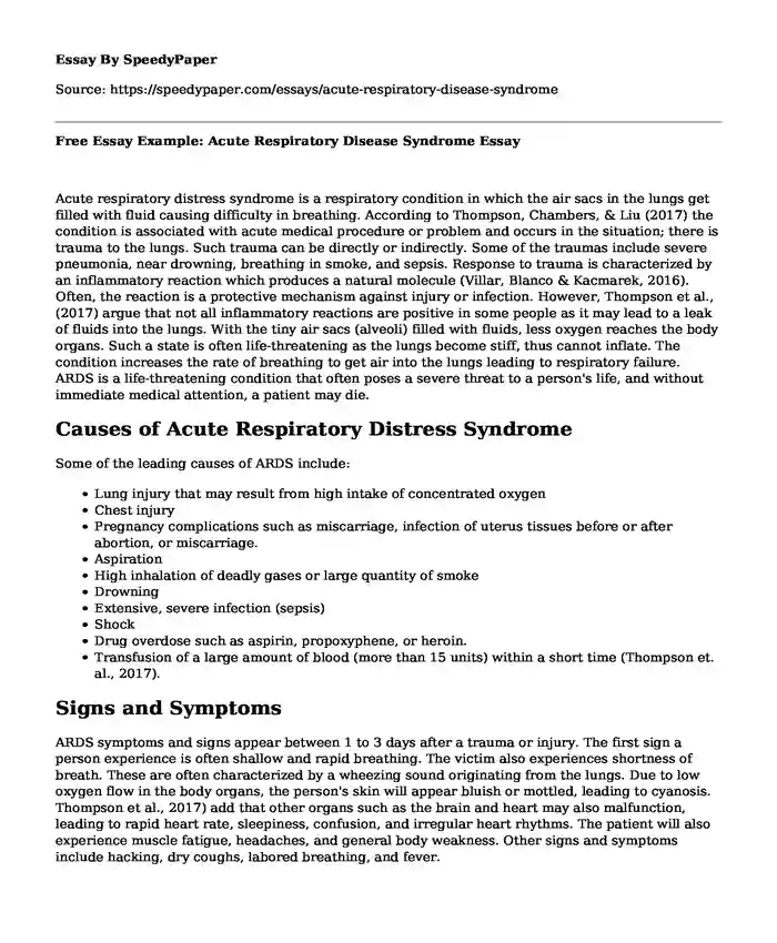 Free Essay Example: Acute Respiratory Disease Syndrome