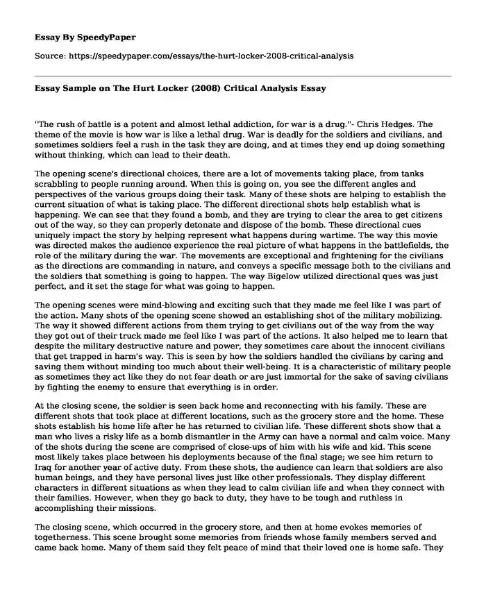 Essay Sample on The Hurt Locker (2008) Critical Analysis