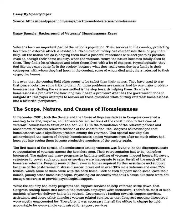 Essay Sample: Background of Veterans' Homelessness