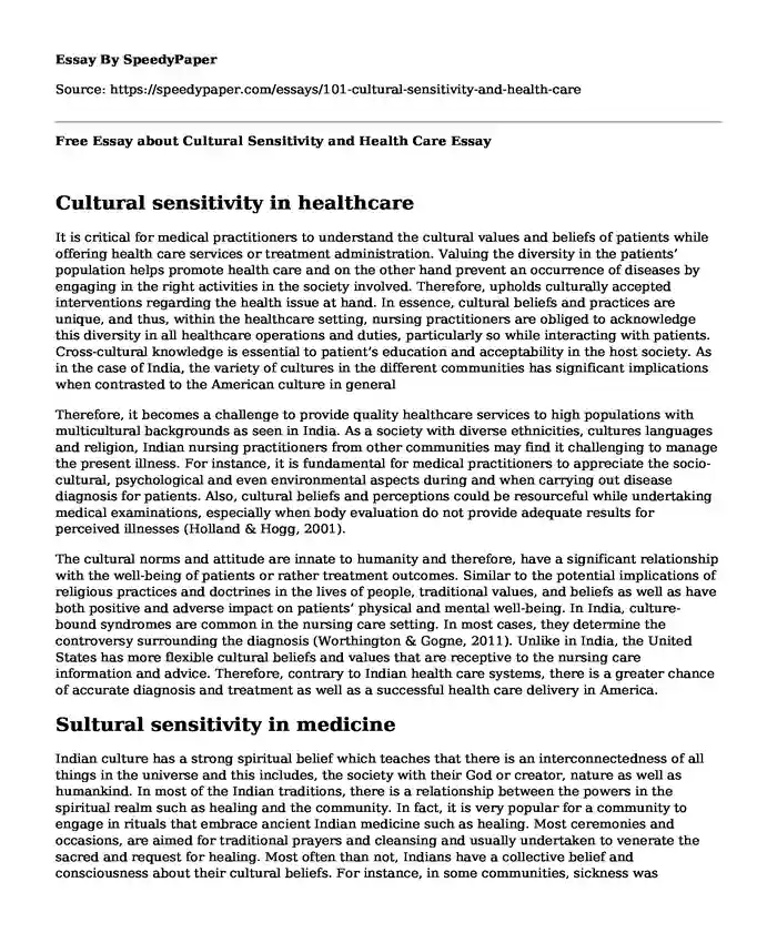 Free Essay about Cultural Sensitivity and Health Care